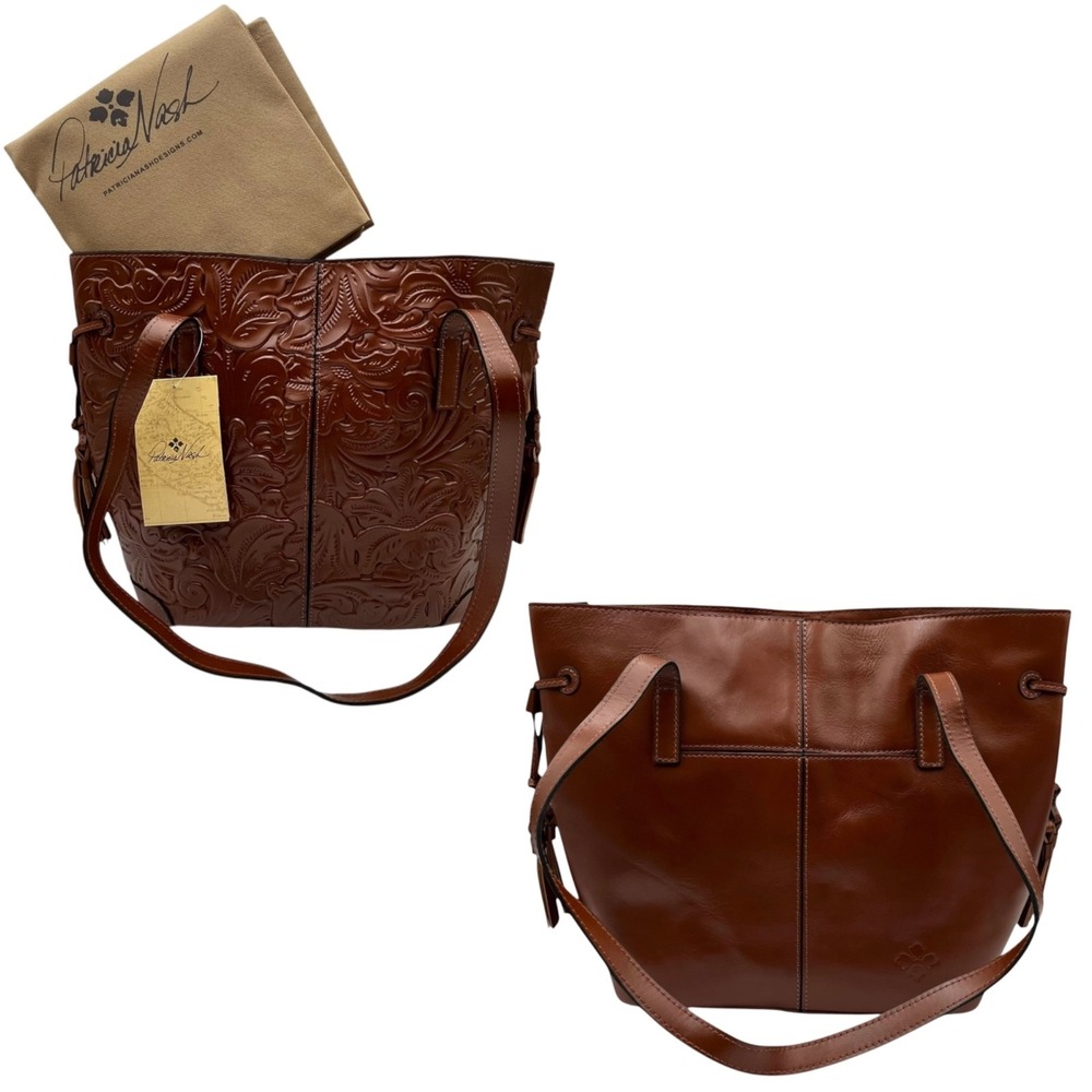 Patricia Nash Kemble Full-grain Leather Embossed Floral Tooling Tote Bag Brown